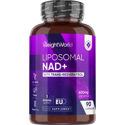 Liposomal NAD+ with Resveratrol capsules in a dark purple bottle, labeled with white and silver text, containing 90 vegan capsules for a three-month supply.