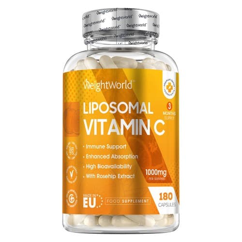 Clear plastic bottle containing 180 white capsules labeled "Liposomal Vitamin C - 1000mg" by WeightWorld, featuring a yellow and blue design with a vegan symbol and immune support icons.