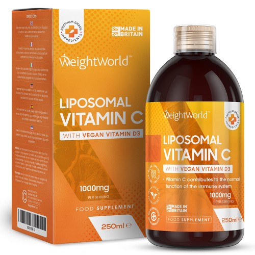 Liposomal Vitamin C bottle in dark amber glass, featuring a vibrant orange label with white text, alongside a matching orange box, both highlighting vegan ingredients and 1000mg per serving.