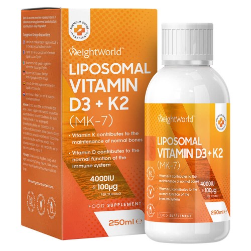 Liposomal Vitamin D3 + K2 liquid supplement in a white bottle with an orange label, featuring 250ml capacity, highlighting its premium quality and orange flavor.