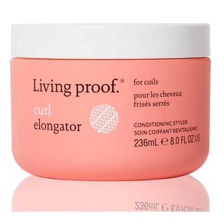 Peach-colored jar labeled "Living Proof Curl Elongator" with white text, containing 236 mL of conditioning styler for curly hair.
