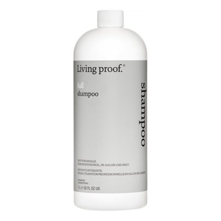 Large 32 oz bottle of Living Proof Full Shampoo, featuring a sleek white cap and a minimalist gray label with black text, designed for professional salon use.