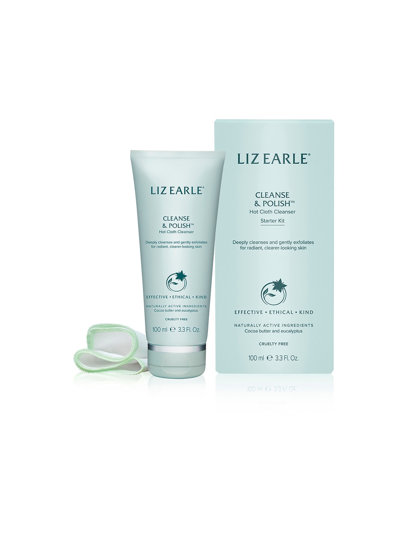 Liz Earle Cleanse & Polish Original Starter Kit features a light blue tube of hot cloth cleanser, a green cleansing cloth, and a matching box, all showcasing a clean, elegant design.