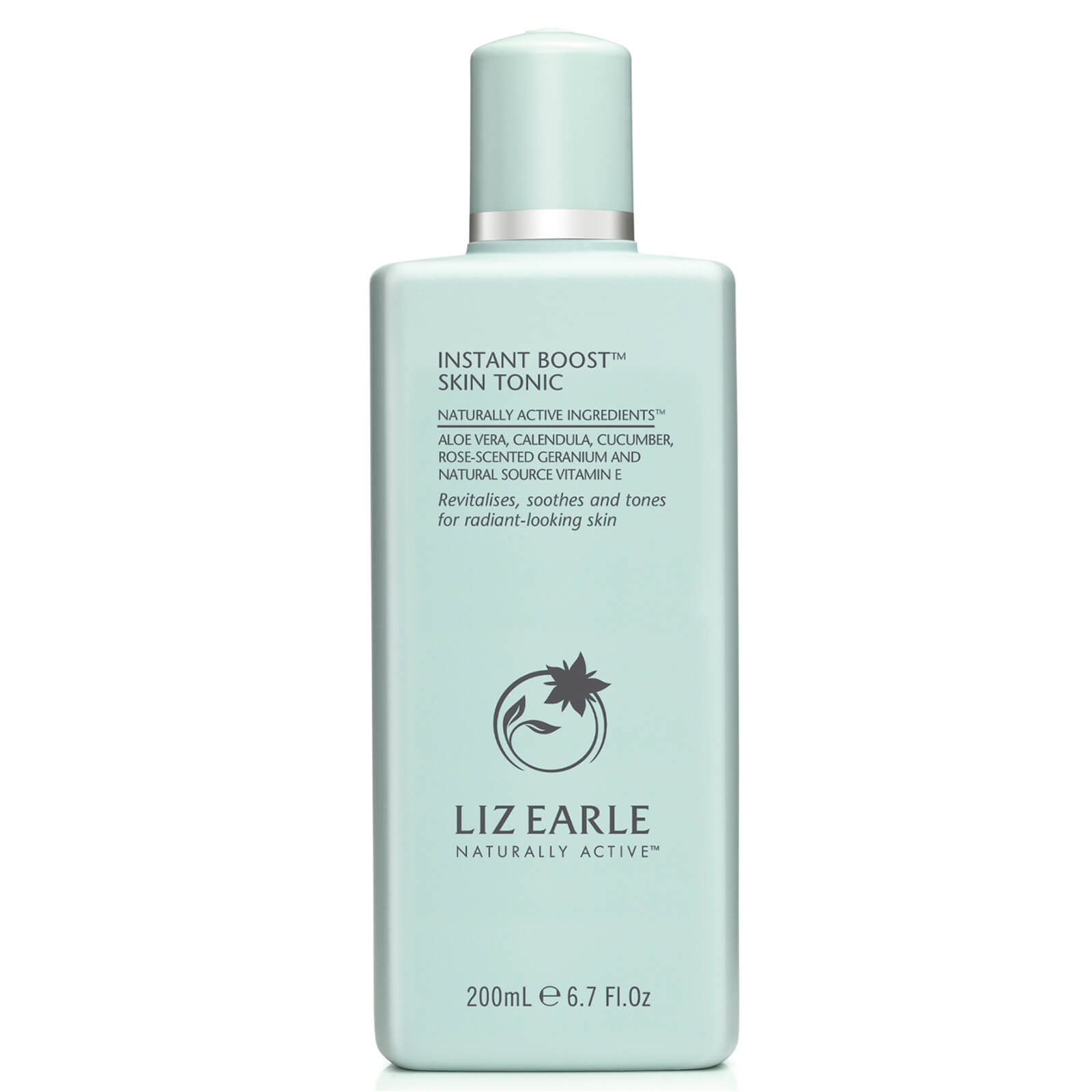 Light blue, rectangular bottle of Liz Earle Instant Boost Skin Tonic, featuring a turquoise cap, 200ml label, and a minimalist design with the brand name prominently displayed.