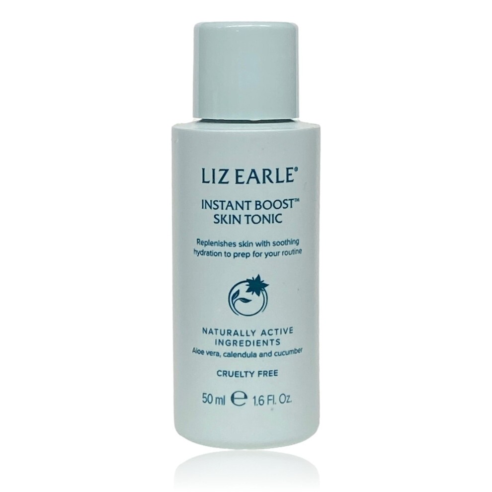 White plastic bottle with a light blue label, featuring "Liz Earle Instant Boost Skin Tonic" text, 50ml size, and key ingredients like aloe vera, calendula, and cucumber.