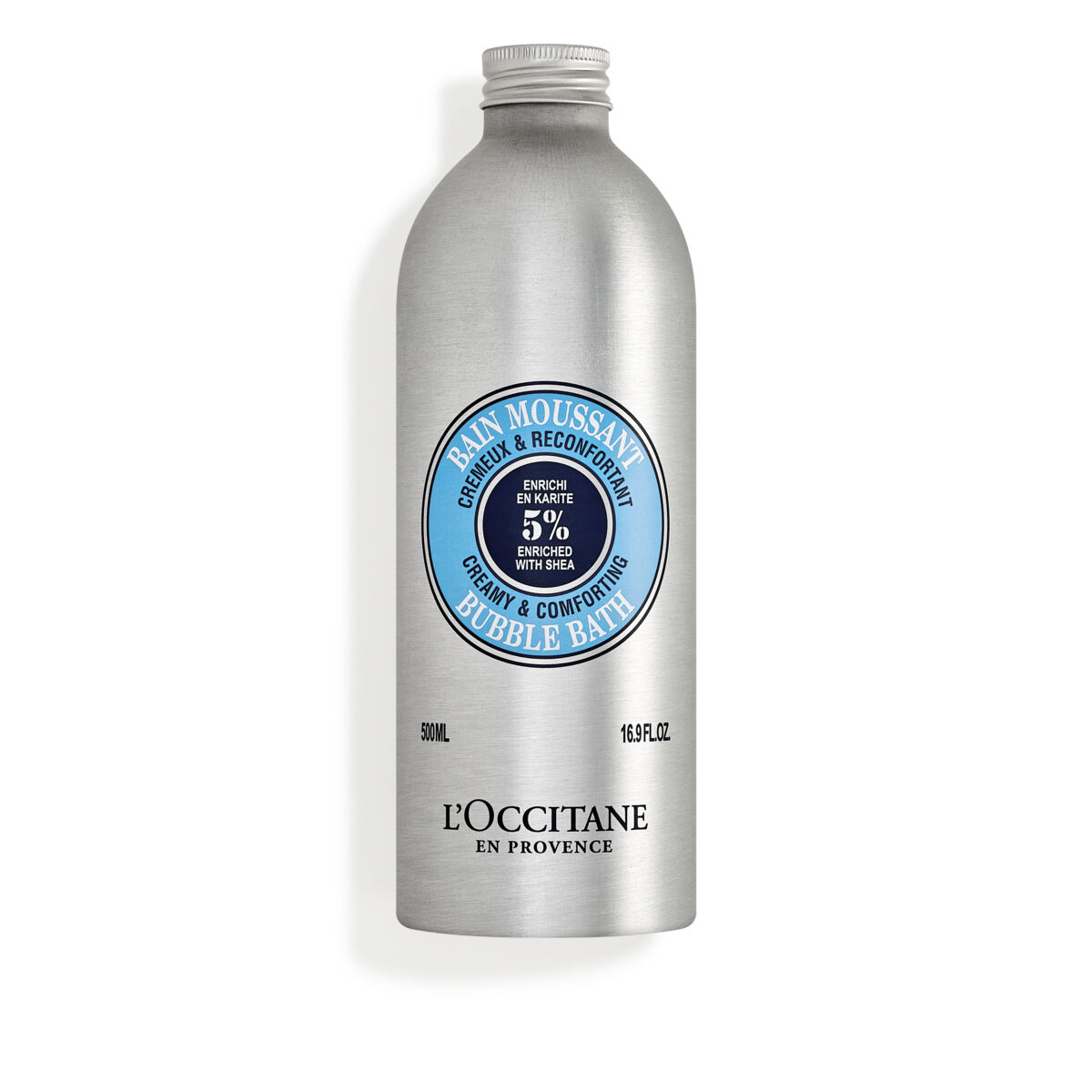 Silver aluminum bottle with a blue label, featuring the text "Creamy & Comforting Bubble Bath" and "500ml" in black, showcasing a sleek, modern design.