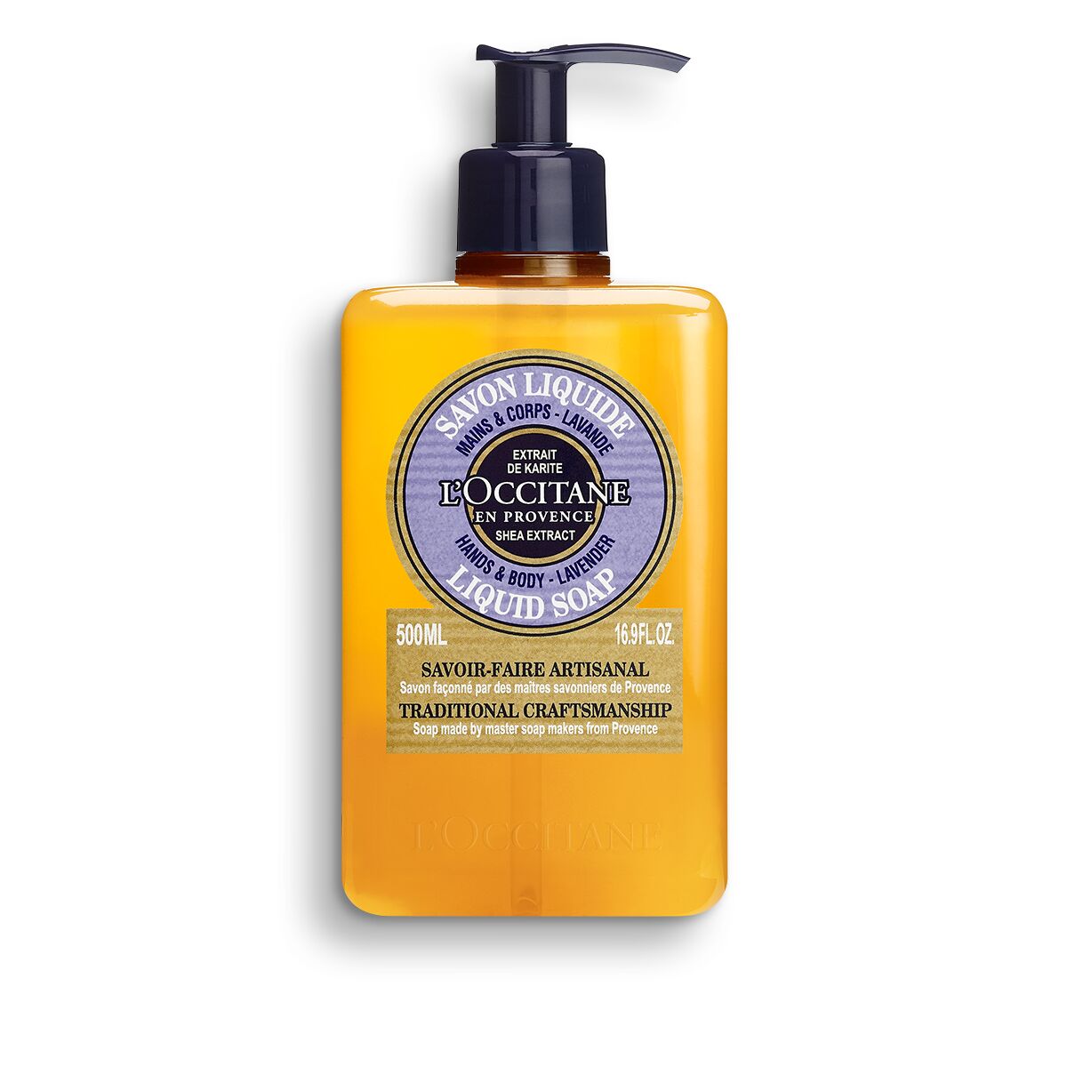 Transparent yellow liquid soap in a rectangular pump bottle, labeled with a round blue and white emblem, featuring "L'Occitane En Provence" and "Shea Butter and Lavender" text.