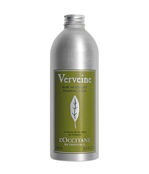 Silver aluminum bottle with a green label featuring the word "Verveine" and a leaf design, containing 500ml of L'Occitane Verbena Foaming Bath for a refreshing experience.