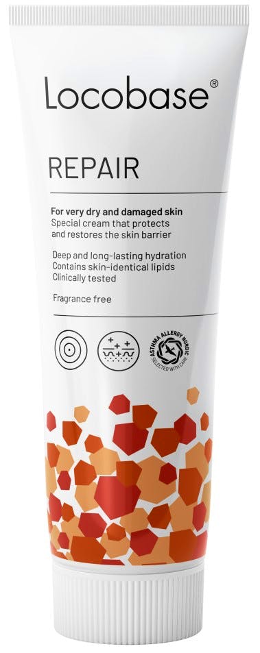 White tube with a colorful hexagon pattern at the bottom, labeled "Locobase Repair" for very dry and damaged skin, highlighting hydration and skin barrier protection. Fragrance-free.