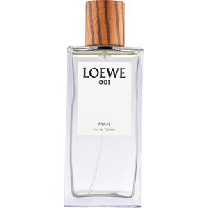 Clear glass bottle with a rectangular shape, featuring a wooden cap and a white label that reads "LOEWE 001 MAN Eau De Toilette" in black text.