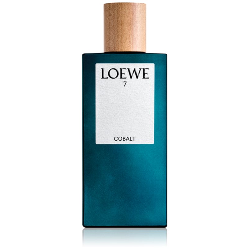 Loewe 7 Cobalt EDP spray in a sleek, rectangular glass bottle with a rich cobalt blue hue and a natural wood cap, featuring a textured white label with the brand name.