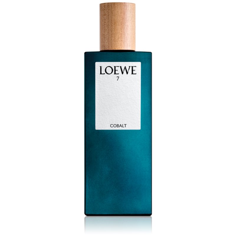 Loewe 7 Cobalt EDP in a 50 ml glass bottle featuring a deep blue hue, minimalist design, and a natural wood cap.