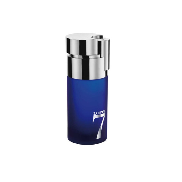 Loewe 7 Eau De Toilette 100ml spray in a sleek blue glass bottle with a metallic silver cap and bold "7" logo in white.