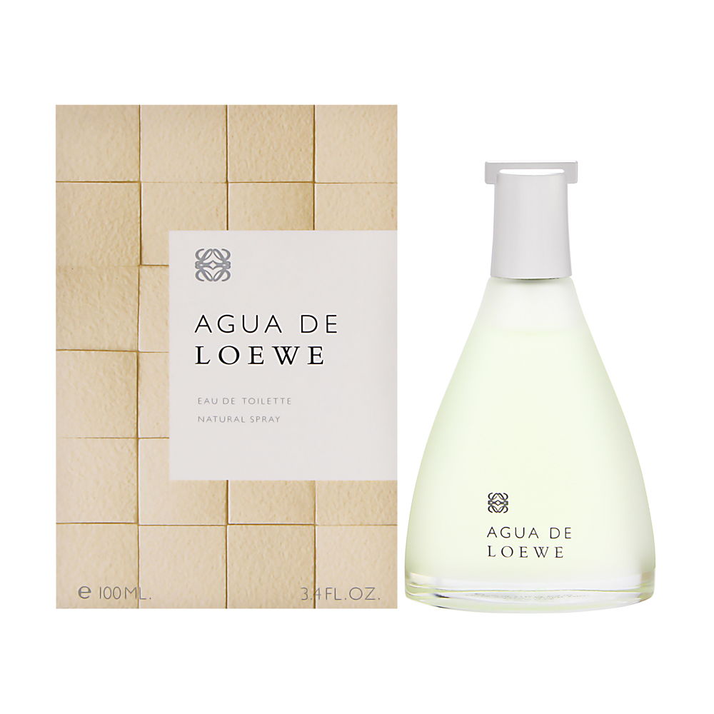 Clear glass bottle with a minimalist design, featuring a white cap, alongside a beige box with a textured pattern, both labeled "Agua De Loewe Eau De Toilette Men 100 Ml."