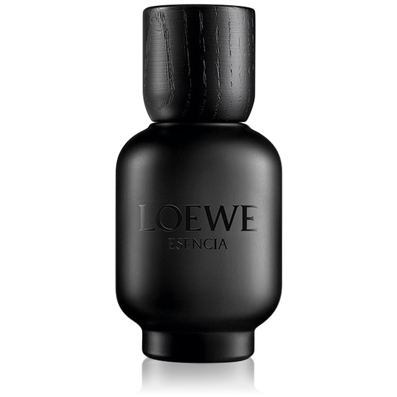 Matte black glass bottle with a rounded shape, featuring a textured wooden cap and embossed "LOEWE ESENCIA" logo on the front.