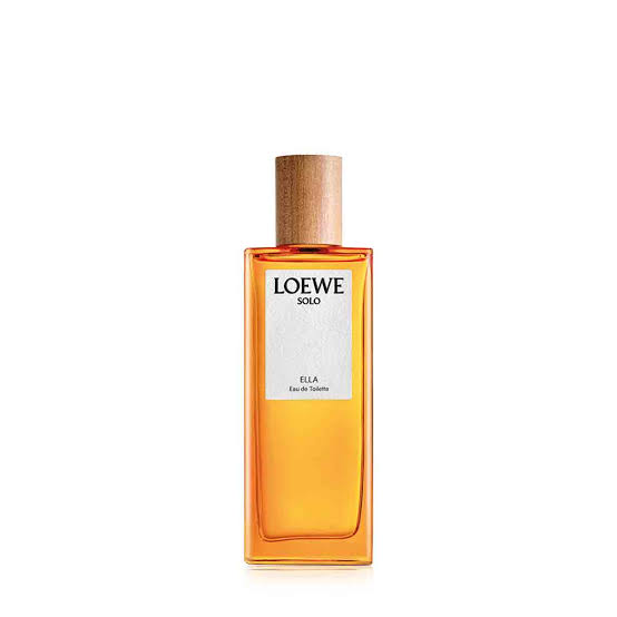 Clear glass bottle with a rectangular shape, featuring a wooden cap and a label that reads "LOEWE SOLO ELLA" in elegant black font, containing amber-colored perfume.