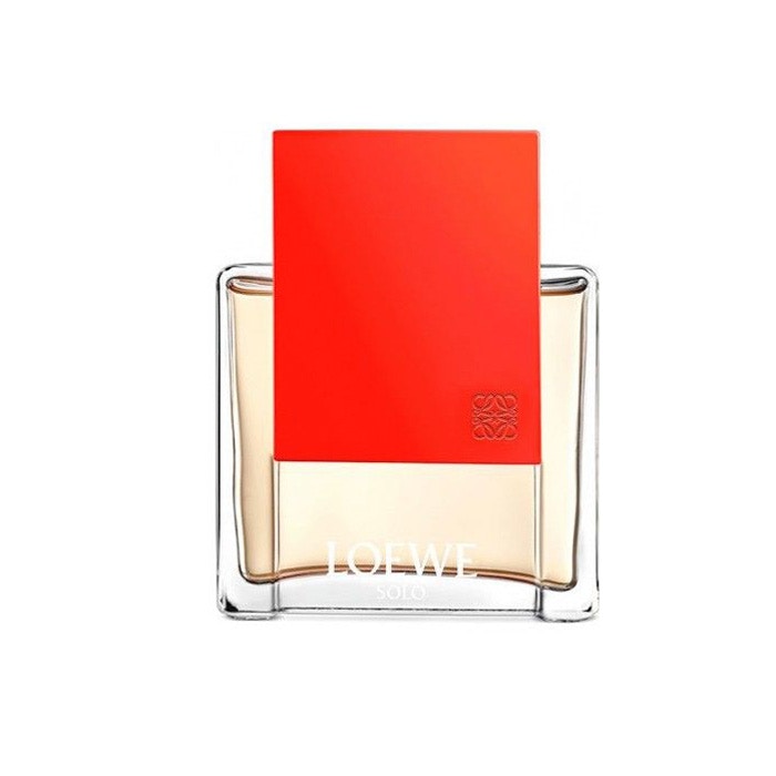 Loewe Solo Ella Eau De Parfum features a clear glass bottle with a curved base, topped with a bold red rectangular cap and the brand name elegantly displayed on the front.