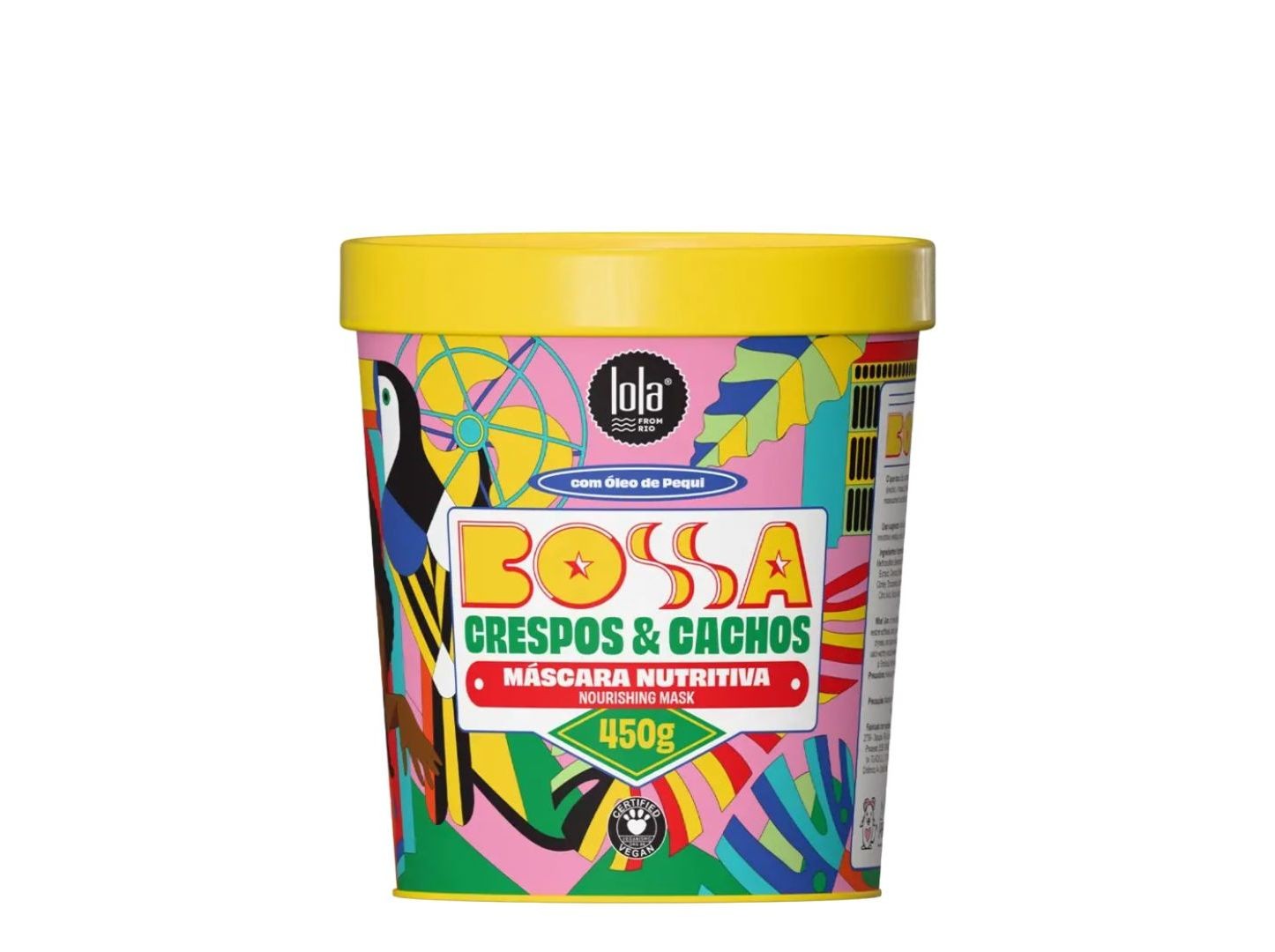 Colorful round container with a yellow lid, featuring vibrant tropical designs and text reading "Bossa Crespos & Cachos Máscara Nutritiva 450g" by Lola.