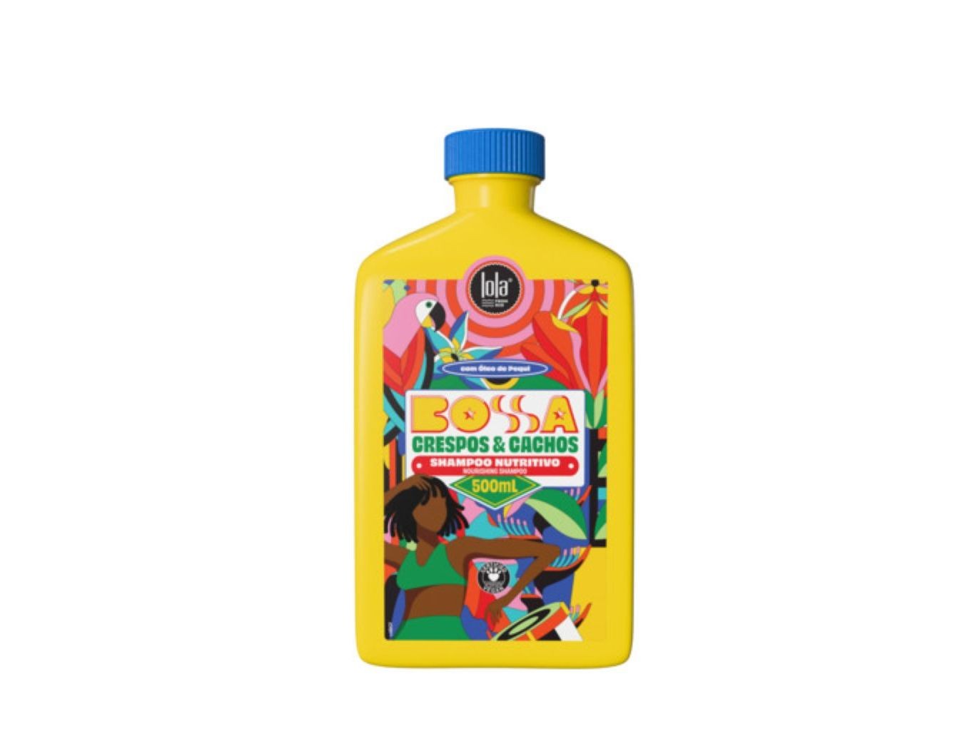 Bright yellow bottle of Lola Bossa shampoo, 500ml, featuring colorful tropical illustrations and a blue cap, designed for curly and frizzy hair.