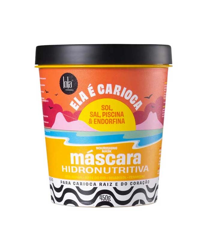 Brightly colored container of Lola from Rio Ela É Carioca hydrating mask, featuring a yellow and orange design with beach and wave motifs, labeled "máscara Hidronutritiva" and weighing 450g.
