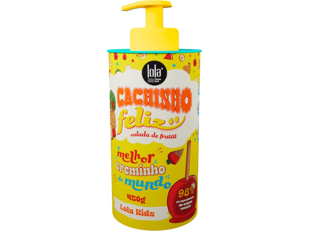 Bright yellow container with a pump top, featuring colorful fruit illustrations and playful text, labeled "Cachinho Feliz" for kids' flexible hold hair cream, 480 g.