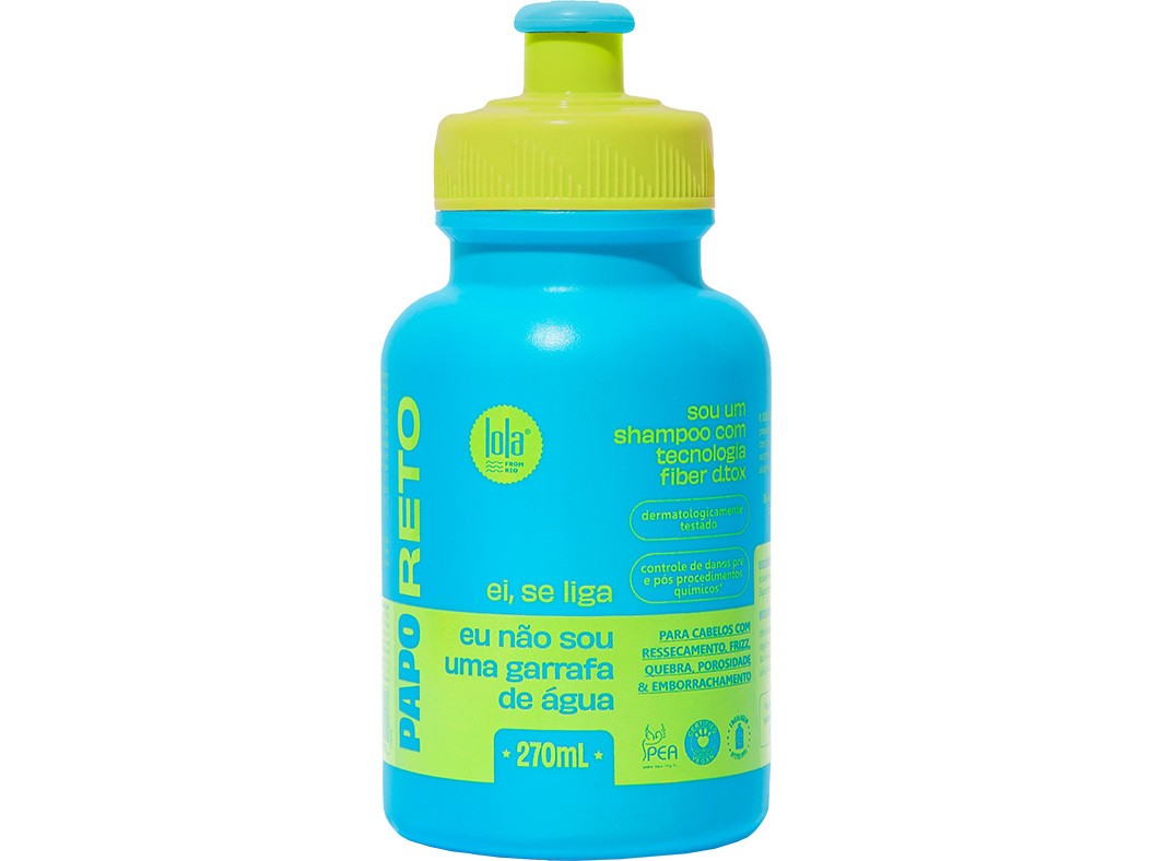 Bright blue bottle with a yellow cap, labeled "Lola Papo Reto Toxin Eliminating Shampoo," featuring 270 mL volume and playful text in Portuguese.