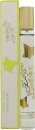 Clear glass bottle with a gold cap, featuring a whimsical design, nestled in a pale green and white box adorned with floral motifs.