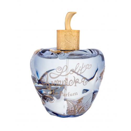A blue glass perfume bottle shaped like an apple, featuring intricate floral designs and a gold cap with a curved stem, labeled "Lolita Lempicka Le Parfum."