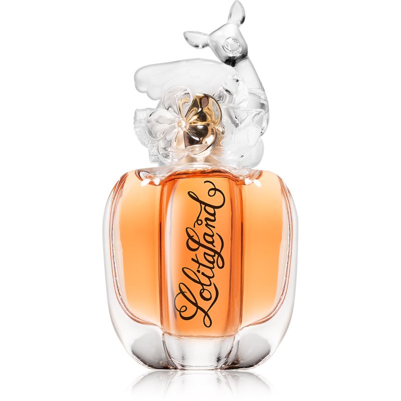 Clear glass bottle with an orange liquid, featuring a whimsical deer and flower cap, and elegant script reading "Lolitaland" on the front.