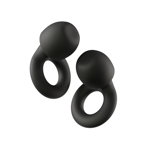 Black reusable earplugs with a flexible, ergonomic design featuring a soft, rounded tip and a circular opening for noise reduction and comfort during sleep or travel.