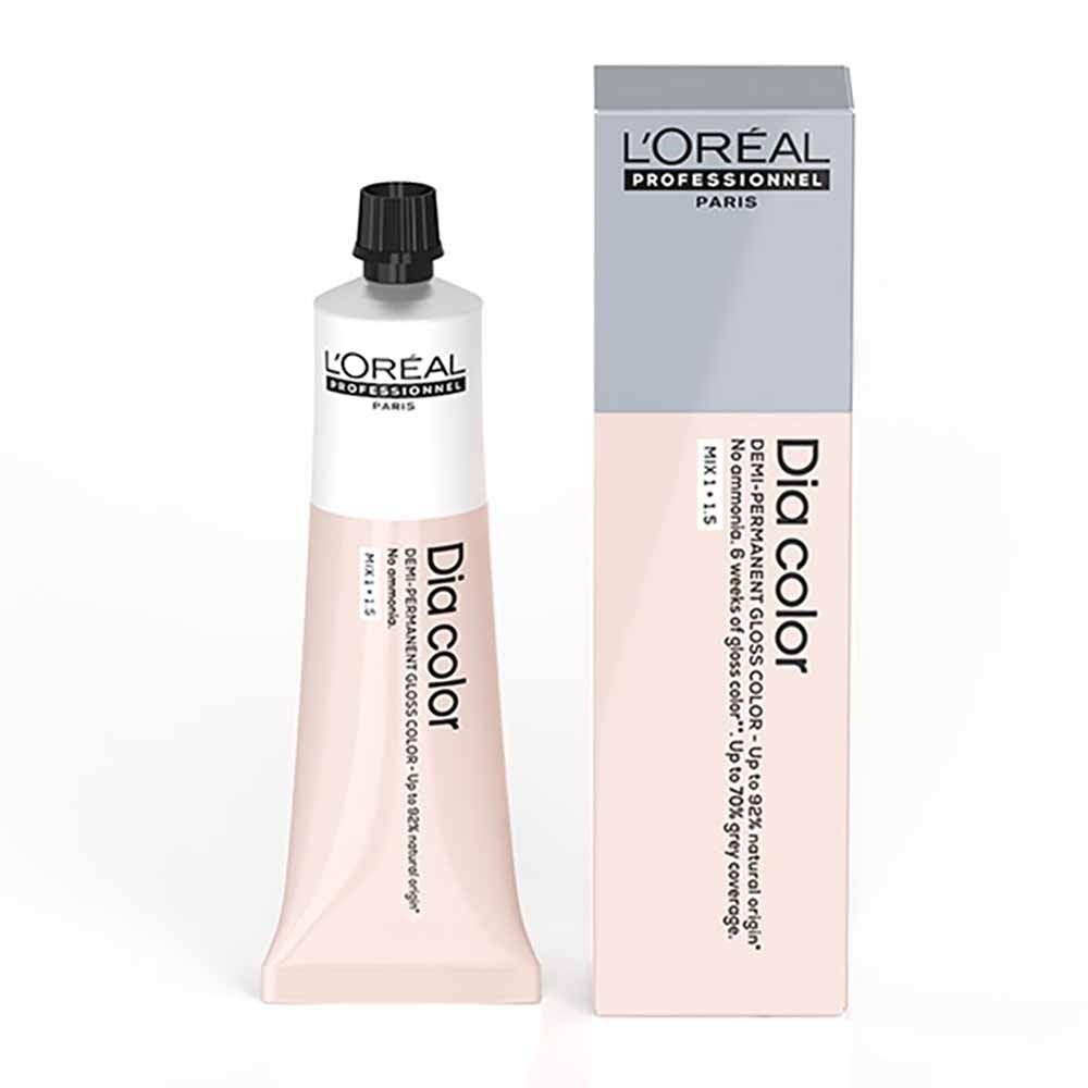 L'Oréal Dia Color Demi Permanent Hair Colour in a 60ml tube, featuring a sleek design with a white and pink color scheme, capped with a black nozzle, alongside a matching box.