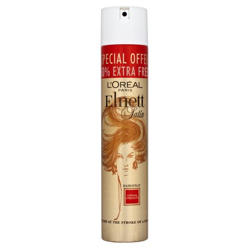 L'Oréal Elnett Hairspray can with a gold and white design, featuring a vintage hairstyle illustration and a red special offer label for 100ml extra free.