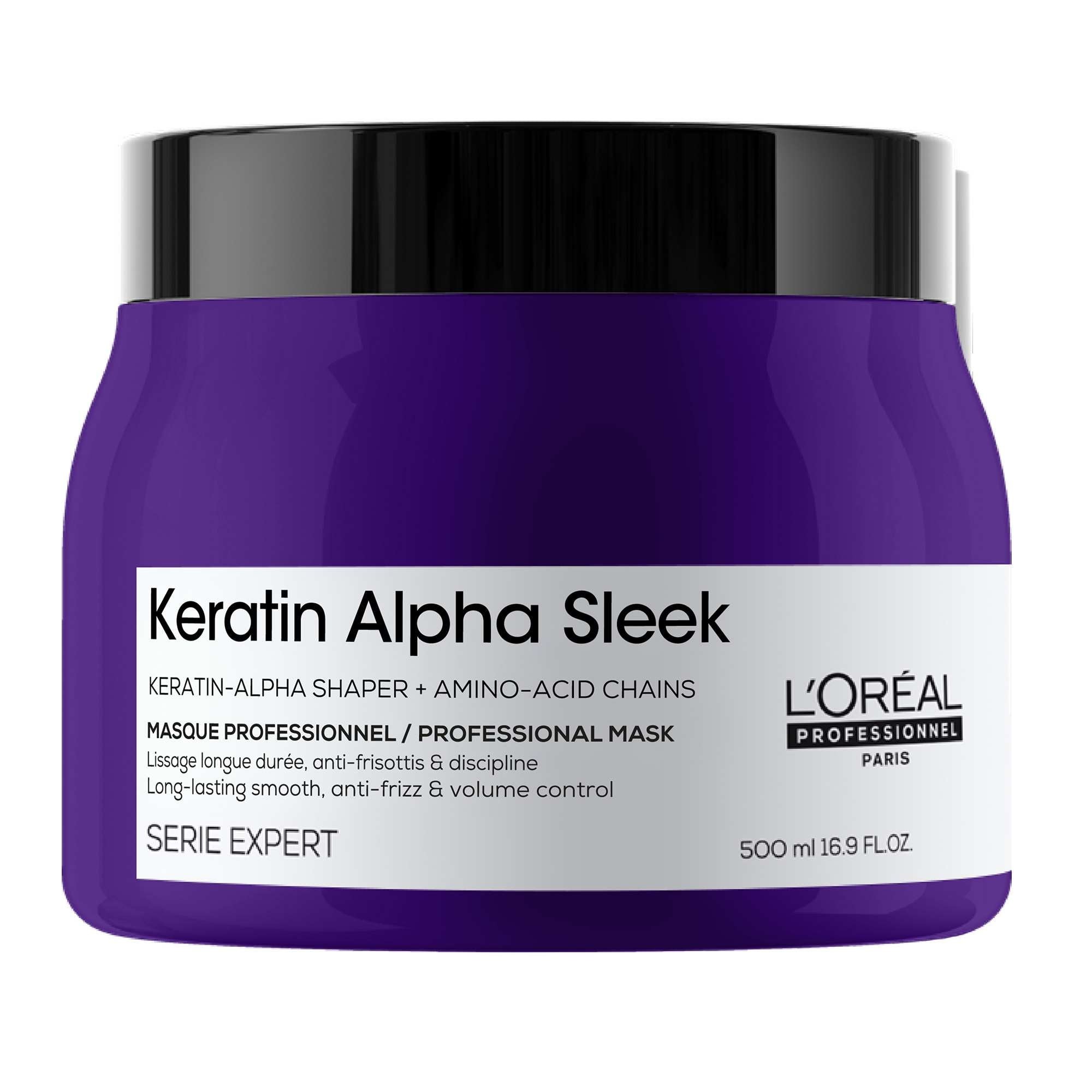 Purple 500ml jar of L'Oreal Professionnel Keratin Alpha Sleek Professional Hair Mask, featuring a sleek design and labeled with product details and benefits for smooth, frizz-free hair.