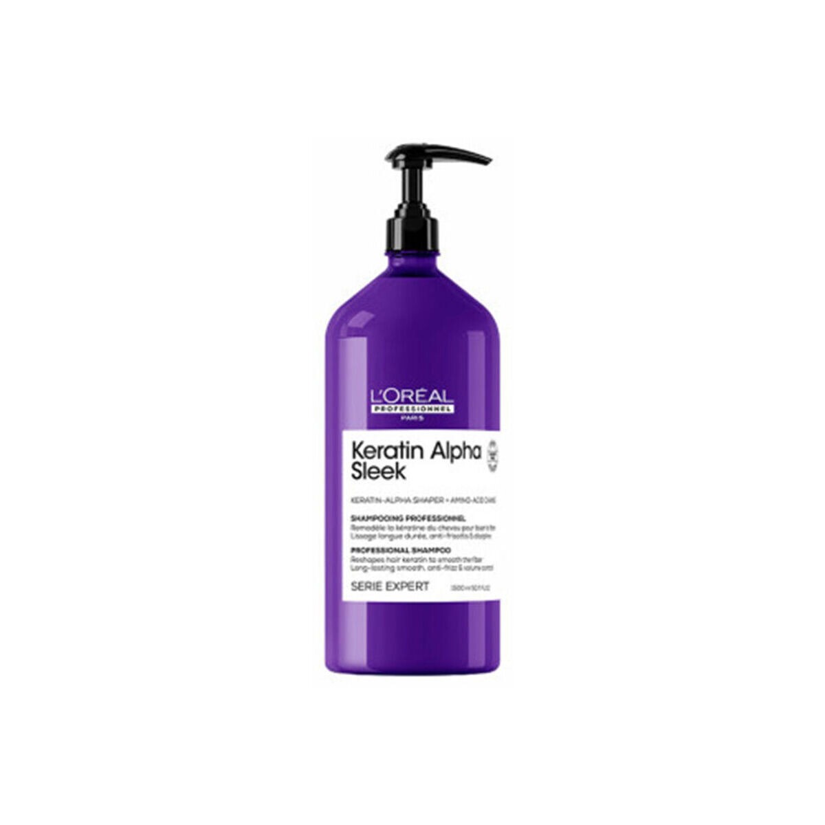 Purple plastic bottle with a black pump top, labeled "Keratin Alpha Sleek Professional Shampoo" by L'Oréal Professionnel, 1500ml, featuring a sleek design and clear product information.