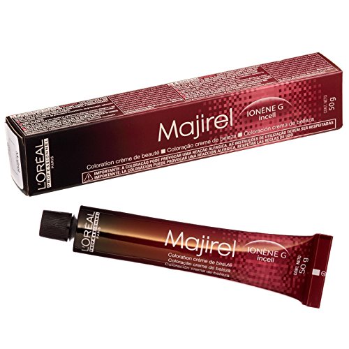 L'Oréal Professionnel Majirel hair dye in a 50ml tube, featuring a deep burgundy and black packaging with bold white text, designed for vibrant color treatment.