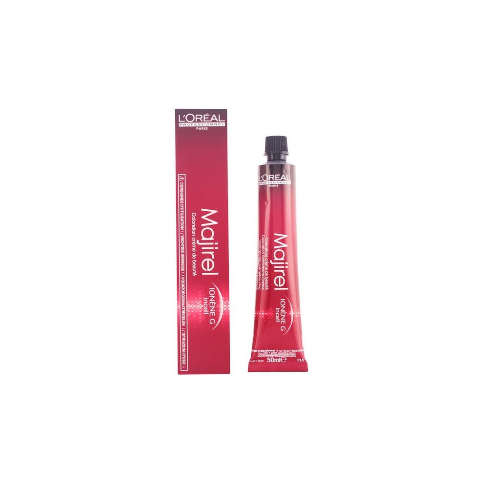 L'Oréal Majirouge hair color in a 50ml tube, featuring a vibrant mahogany red shade, with a sleek design and a matching red box packaging.