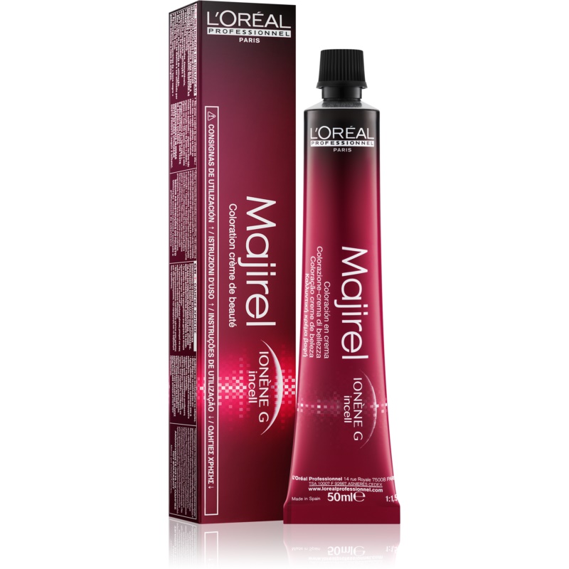 Permanent Colour Creme Majirel N5,32 by L'Oréal Professionnel in a 50 ml tube, featuring a sleek design with a dark burgundy color and silver accents, packaged in a matching box.