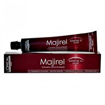 L'Oréal Professionnel Majirel 6.34 is a 50 ml tube of rich, dark auburn hair color cream, packaged in a sleek burgundy tube with a matching box, featuring bold white text.