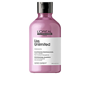 Pink bottle of L'Oréal Professionnel Série Expert Liss Unlimited Shampoo, featuring a black cap and a white label with product details, 300ml size.