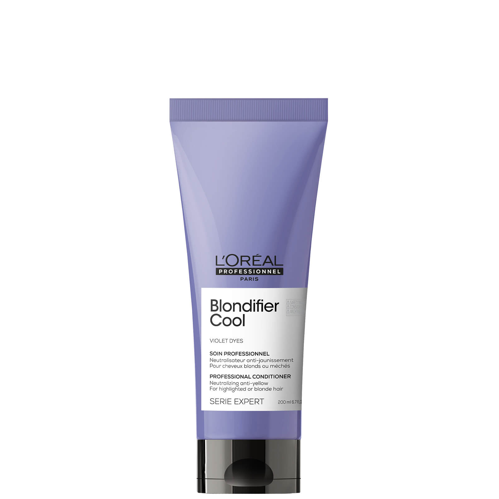 Purple tube of L'Oréal Professionnel Blondifier Cool conditioner for highlighted or blonde hair, featuring violet dyes and a sleek design with black and white text.