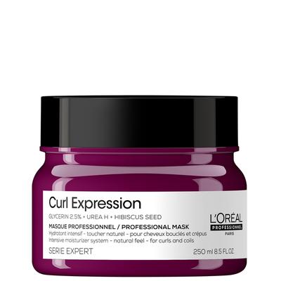 Purple jar of L'Oréal Professionnel Curl Expression Hair Mask, 8.5 oz, featuring a sleek design with a black lid and white label detailing ingredients and product information.