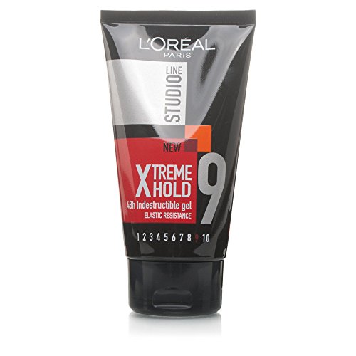 L'Oréal Professionnel Studio Line Gel Indestructible Extreme in a 150ml black and red tube, featuring a flip-top cap and bold "Xtreme Hold 9" label for strong hair styling.