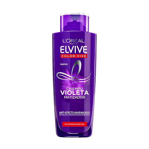 Purple plastic bottle of L'Oreal Elvive COLOR-VIVE Violeta Champú Matizador, 200 ml, featuring a sleek design and a label highlighting its anti-orange effect for blonde hair.