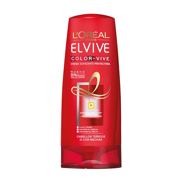 Red plastic bottle of L'Oreal Elvive Color-vive conditioner for dyed hair, featuring a sleek design with a gold ribbon graphic and a flip-top cap, 300 ml size.