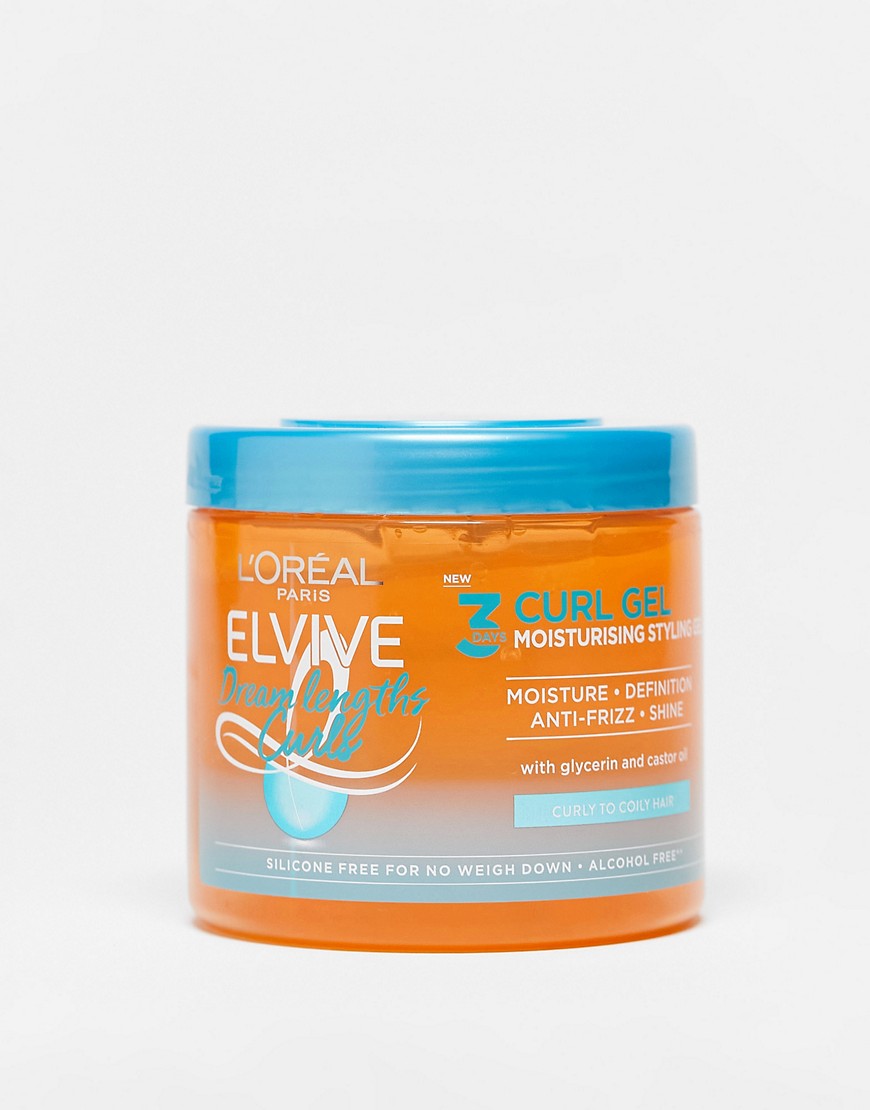 Bright orange jar of L'Oreal Elvive Dream Lengths Curls 3 Days Moisturising Styling Gel, 400ml, featuring a blue lid, with labels highlighting moisture, definition, anti-frizz, and shine benefits.