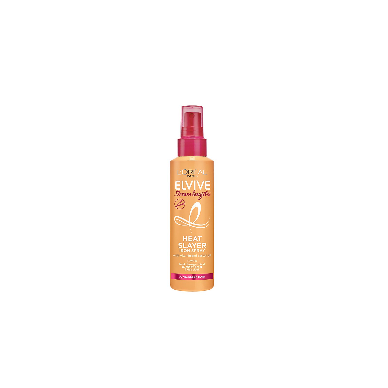 Debenhams Elvive Dream Lengths Heat Slayer Spray in a 150ml orange bottle with a pink spray nozzle, featuring vibrant branding and a sleek design for heat protection.