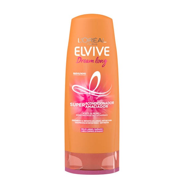 Orange plastic bottle of L'Oreal Elvive Dream Long Super Conditioner, featuring a pink swirl design and bold white text, with a capacity of 300 ml.