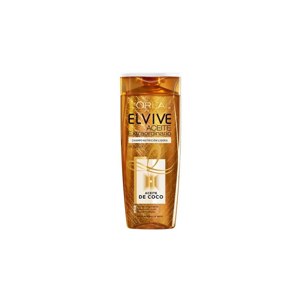 Transparent bottle of L'Oreal Elvive Extraordinaire Coconut Nourishing Light Shampoo, featuring a gold and white label with coconut oil imagery, 370 ml size.
