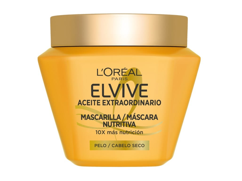 Yellow, hexagonal jar of L'Oreal Elvive Máscara Óleo Extraordinário, 310ml, featuring a gold lid and black text, designed for nourishing dry hair.