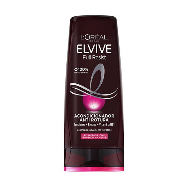 L'Oréal Elvive Full Resist Anti-Breakage Conditioner in a sleek dark purple bottle with a pink accent, featuring a curved design and text highlighting key ingredients and benefits.